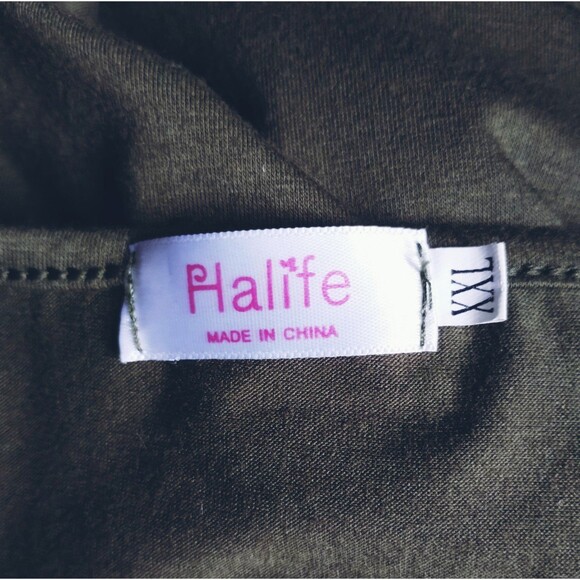 Moss Green Top Sz XXL Boxy Baggy Cut V Neck Lace Up Stretchy 3/4 Sleeve Packable - Picture 6 of 7